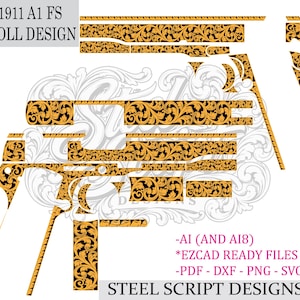 Peut inclure: Un ensemble de fichiers vectoriels numériques intitulé M1911 A1 FS SCROLL DESIGN par Steel Script Designs. L'image présente des motifs de volutes florales orange et noirs disposés en forme de composants d'arme, avec les formats AI, AI8, EZCAD, PDF, DXF, PNG et SVG.