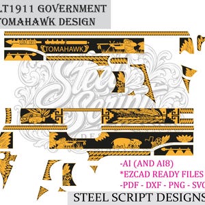 Peut inclure: Un fichier de conception vectorielle numérique pour une gravure Colt 1911 Government Tomahawk. Le graphique présente des motifs noirs et orange, incluant des figures et des bordures géométriques. Le texte inclut COLT1911 GOVERNMENT TOMAHAWK DESIGN, AI, EZCAD READY FILES, PDF, DXF, PNG, SVG et STEEL SCRIPT DESIGNS.