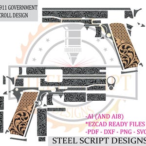 Könnte beinhalten: Ein digitales Design für eine Colt 1911 Government Pistole mit einem Scrollmuster. Das Design zeigt verschiedene Teile der Pistole mit detaillierten floralen und geometrischen Elementen. Der Text "Steel Script Designs" ist ebenfalls enthalten.