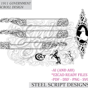 Op de afbeelding: Een digitale grafische ontwerpbestandsset met Colt 1911 Government-scrollpatronen in zwart-wit. Bevat lineair krulwerk, een paardenembleem in een ovaal frame, het Colt-logo en de tekst COLT 1911 GOVERNMENT SCROLL DESIGN en STEEL SCRIPT DESIGNS.