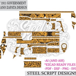 Peut inclure: Un modèle de conception numérique pour un pistolet Colt 1911 Government sur le thème d'Emiliano Zapata. Le graphique présente des volutes florales dorées complexes sur fond noir, avec le texte "MEXICO TIERRA Y LIBERTAD" inscrit.