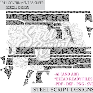 Peut inclure: Un ensemble de fichiers graphiques numériques intitulé COLT 1911 GOVERNMENT 38 SUPER SCROLL DESIGN par STEEL SCRIPT DESIGNS. L'image présente des motifs de volutes florales complexes en noir et blanc, avec les formats AI, AI8, PDF, DXF, PNG et SVG.