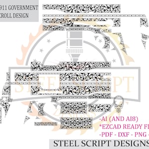 May include: A black and white scroll design for a Colt 1911 Government model. The image shows various cut-out pieces with floral patterns. Text includes "COLT1911 GOVERNMENT SCROLL DESIGN" and "STEEL SCRIPT DESIGNS".