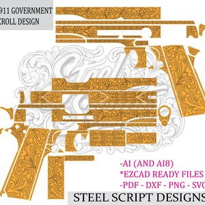 Op de afbeelding: Een digitale grafische bestandsset met een oranje scroll-ontwerp voor de Colt 1911 Government. De afbeelding toont diverse contouren van vuurwapenonderdelen met ingewikkelde bloemmotieven, gelabeld met tekst zoals COLT1911 GOVERNMENT SCROLL DESIGN, AI, EZCAD, PDF, DXF, PNG, SVG en STEEL SCRIPT DESIGNS.