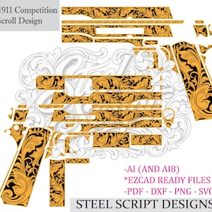 Pode incluir: Um arquivo de design digital intitulado Colt 1911 Competition Scroll Design com intrincados padrões de volutas florais em laranja e preto para gravação de armas. Texto incluído: AI (AND AI8), EZCAD READY FILES, PDF - DXF - PNG - SVG, STEEL SCRIPT DESIGNS.