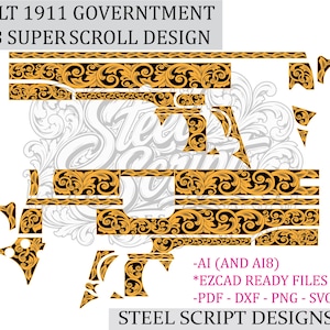 Könnte beinhalten: Ein digitales Grafikdateiset mit dem Titel COLT 1911 GOVERNMENT 38 SUPER SCROLL DESIGN von STEEL SCRIPT DESIGNS. Das Bild zeigt orangefarbene und schwarze, verzierte Schnörkelmuster in Segmenten sowie die Dateiformate AI, AI8, PDF, DXF, PNG und SVG.