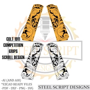 Könnte beinhalten: Grafik mit vier Colt 1911 Wettkampfgriffen mit einem Scroll-Design. Zwei Griffe sind schwarz und gold, und zwei sind schwarz und weiß. Der Text enthält "COLT 1911 COMPETITION GRIPS SCROLL DESIGN" und "STEEL SCRIPT DESIGNS."