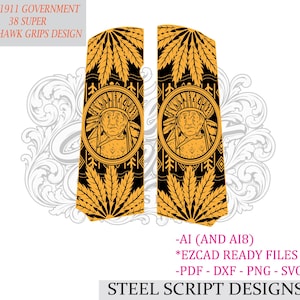 Peut inclure: Un design numérique pour poignées de pistolet Colt 1911 Government 38 Super tomahawk avec un motif noir et orange représentant une personne en coiffe à plumes. Le texte inclus est : COLT 1911 GOVERNMENT 38 SUPER TOMAHAWK GRIPS DESIGN, AI, EZCAD READY FILES, PDF, DXF, PNG, SVG, STEEL SCRIPT DESIGNS.