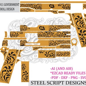 Pode incluir: Um conjunto de arquivos de design digital para uma pistola Colt 1911 Government com um intrincado padrão de volutas em preto e dourado. A imagem mostra vários layouts de componentes com o logotipo da Colt, rotulados como arquivos AI, AI8, EZCAD, PDF, DXF, PNG e SVG.
