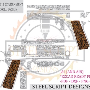 May include: A detailed diagram of a Colt 1911 Government pistol with scroll design elements. The image features various components of the firearm, including the frame, slide, and grip panels. The grip panels have a brown and black floral pattern. Text includes "COLT1911 GOVERNMENT SCROLL DESIGN" and "STEEL SCRIPT DESIGNS".