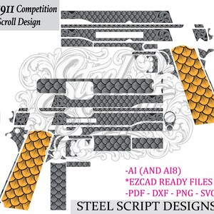 Peut inclure: Un fichier de conception numérique pour un Colt 1911 Competition Scroll Design avec un motif en niveaux de gris d'écailles superposées et des textures de poignée orange. L'image inclut des étiquettes de texte pour les formats AI, AI8, EZCAD, PDF, DXF, PNG et SVG.