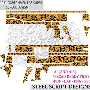 Pode incluir: Um conjunto de arquivos gráficos digitais intitulado COLT 1911 GOVERNMENT 38 SUPER SCROLL DESIGN da STEEL SCRIPT DESIGNS. A imagem exibe padrões de volutas laranja e pretos dispostos em segmentos, com formatos AI, AI8, EZCAD, PDF, DXF, PNG e SVG.