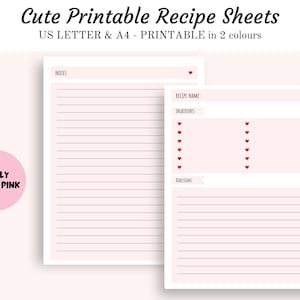 Cute Printable Recipe Sheet, Recipe Pages, Recipe Planner, Heart Print, A4 and US Letter size