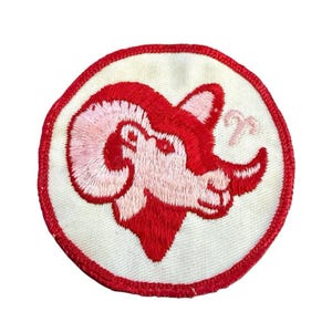 Vintage Aries Zodiac Ram Embroidered Sew-On Patch Red White Astrology 1970s 3"