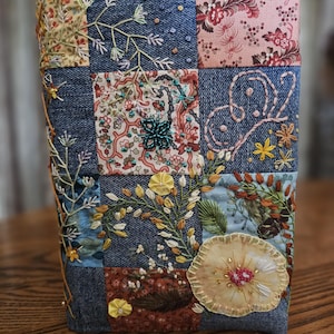Handmade Patchwork Journal Cover | Embroidered Denim Textile Art, Boho Cottagecore Style