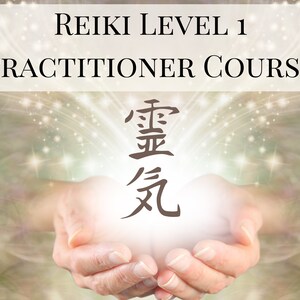 May include: Reiki Level 1 Practitioner Course with a glowing white orb in the centre of two hands, surrounded by a light brown background with sparkling lights. The Japanese symbol for Reiki is in the centre of the orb.
