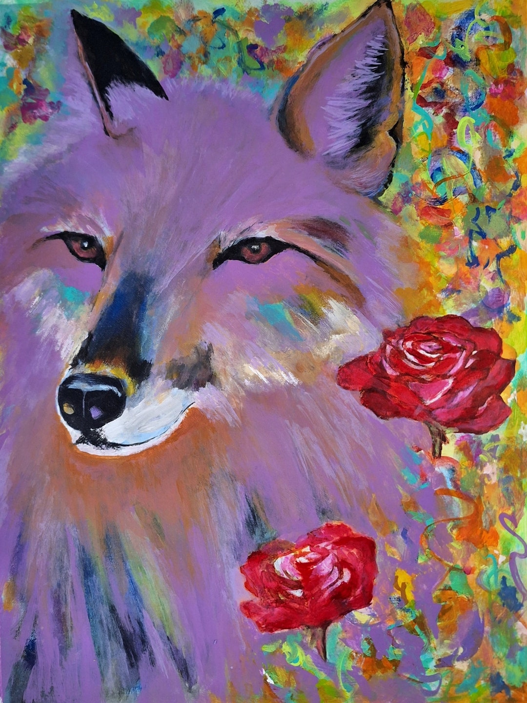 Fox Roses Original Red Colorful Art Acrylic Painting Flower Etsy