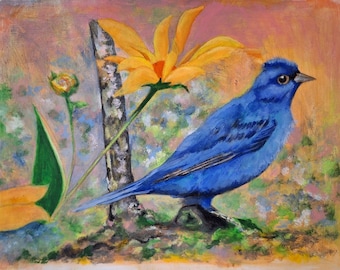 Blue bird, flower garden, Art Collectibles, Painting Acrylic,Home Living Home Decor Wall Decor Wall Hangings sunflower