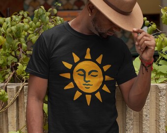 Retro Sunshine Face Graphic T-Shirt, Boho Sun Art Tee, Celestial Unisex Top