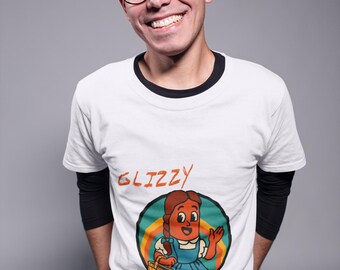 Wizzard of Oz, Glizzy of Oz Hot Dog Parody Graphic T Shirt, Retro Rainbow Cartoon Tee, Funny Snack Character, Unisex Top, Vintage Style,