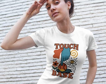 Touch Base Graphic T Shirt, Retro Baseball Pun, Mid Century Pop Art Tee