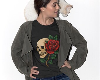 Skull Rose Graphic T-Shirt, Vintage Tattoo Floral Tee, Gothic Biker Unisex Shirt
