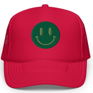 Green Smiley Face Premium Embroidered Foam Trucker Hat, Fun Cool Vibes Trucker Hat with Smiley Face in Green, Fun Gift for Friends
