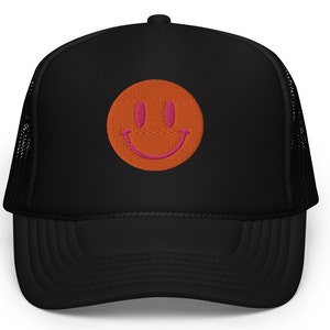 Smiley Face Premium Embroidered Foam Trucker Hat, Orange Smiley Face Hat, Cool Gift Smiley Face Cap Friends, Cool Vibes Smile Trucker Hat