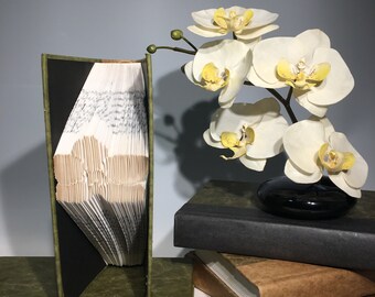 Könnte beinhalten: Ein grünes Buch mit schwarzem Rücken ist zu einer dreidimensionalen Origami-Form gefaltet. Das Buch liegt auf einer braunen Oberfläche mit einem Stapel Bücher dahinter. Eine weiße Orchidee mit gelben Zentren steht in einer Vase auf den Büchern. Vor den Büchern liegen drei graue Steine.