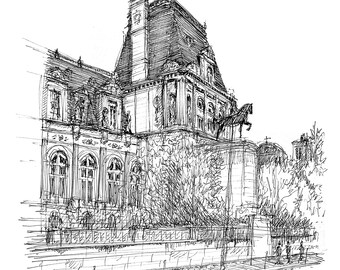 Paris Hôtel de Ville Art Print – Hand-Drawn Architectural Sketch (Digital Download)