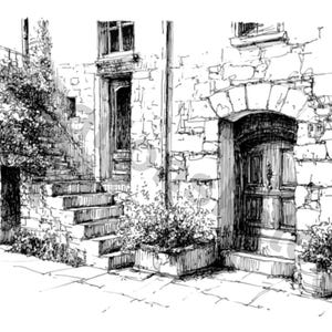 Old European Stone Doorway Sketch – Hand-Drawn Architectural Detail Art, Travel Print