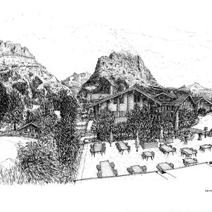 Puede incluir: Un detallado dibujo a pluma y tinta de una escena de un pueblo de montaña. La obra de arte representa varios edificios con tejados inclinados, asientos al aire libre y un telón de fondo montañoso. La palabra "Grindelwald" está escrita en la esquina inferior derecha.