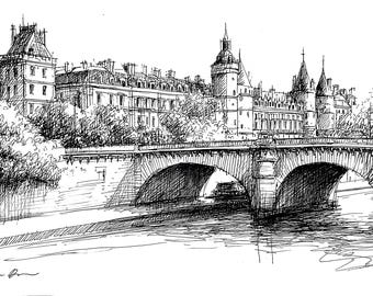 Paris Bridge Sketch – Hand-Drawn French Architecture Art, Digital Download Travel Print