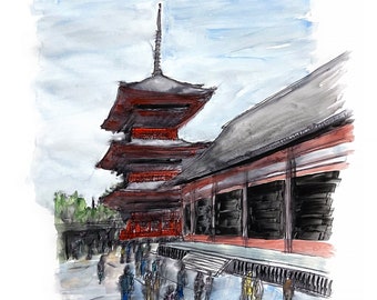 Puede incluir: Una pintura de acuarela de un templo japonés tradicional con un techo de pagoda de varios niveles. El templo está pintado en tonos de rojo, marrón y gris, con un cielo azul claro de fondo. Se representan personas caminando frente al templo.