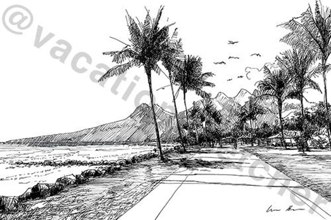 Maui Beachfront Walk Sketch – Hand-drawn Hawaiian Coastal Art - Etsy