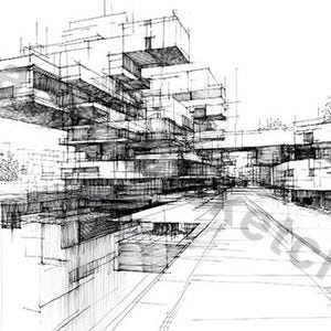May include: Architectural sketch of a modern building complex. The black and white drawing depicts a series of interconnected rectangular structures with a linear perspective. The artwork includes fine lines and shading, creating depth and dimension.