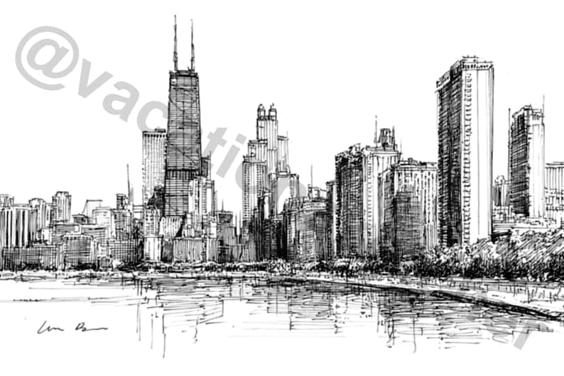 Chicago Skyline Sketch – Hand-drawn Cityscape Architecture Art, Digital ...
