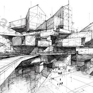 May include: Architectural sketch of a modern building complex. The drawing is in black and white, featuring geometric shapes and lines. The perspective view includes a bridge and figures, suggesting scale and activity.