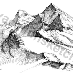 Puede incluir: Dibujo detallado en blanco y negro a pluma y tinta de una cordillera. La obra de arte representa varios picos con laderas cubiertas de nieve y terreno rocoso y accidentado. La firma del artista es visible en la esquina inferior izquierda.
