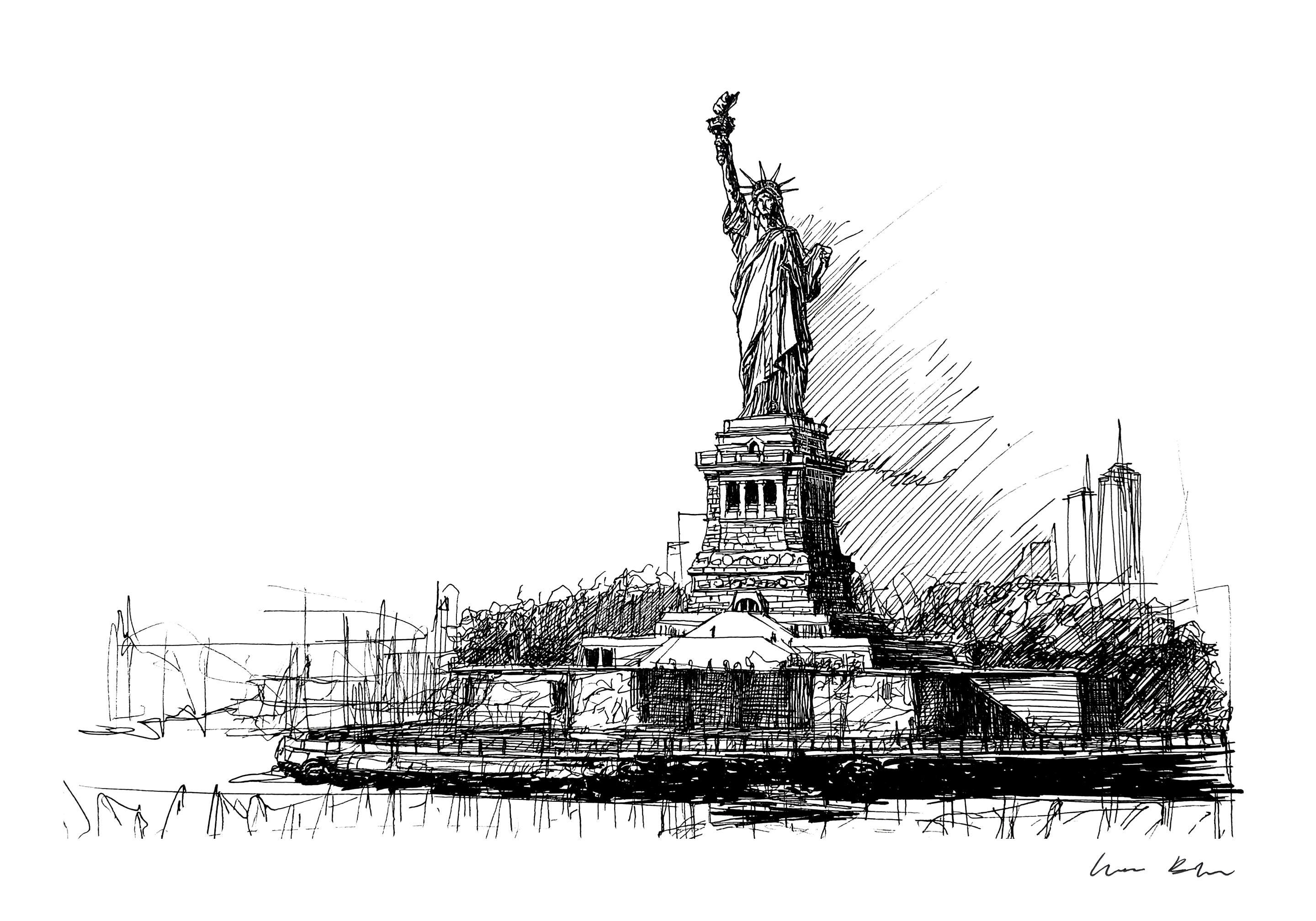 NY 自由の女神　えんぴつ画 自由の女神のスケッチ – 手描きのニューヨークランドマークアート