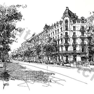 May include: A black and white pen and ink drawing of a city street scene. The artwork depicts a multi-story building on a corner, with trees lining the street. The perspective shows a long road with a pavement and trees on either side.