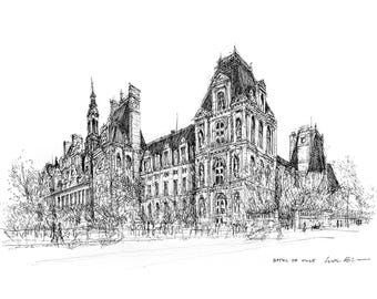 Paris Sketch – Hand-Drawn Hôtel de Ville Architecture Print, Digital Download European Travel Art