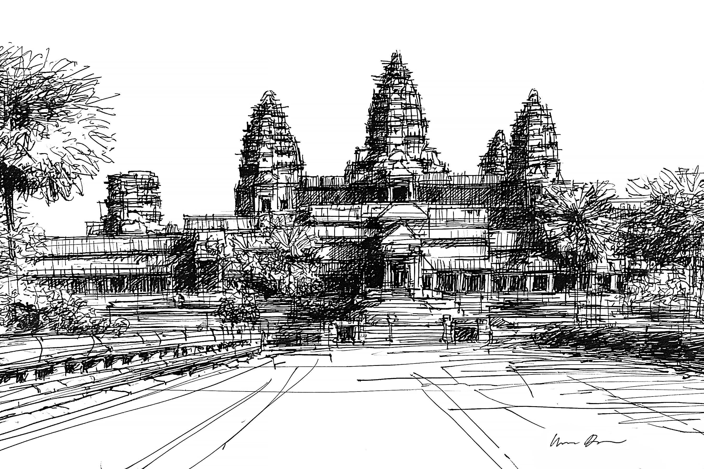 Angkor Wat Sketch – Hand-drawn Cambodia Temple Art, Travel Digital ...