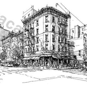 May include: A black and white ink drawing of a city street scene. Buildings with fire escapes line the street, with a restaurant awning and people gathered in front. Cars and pedestrians are also visible.