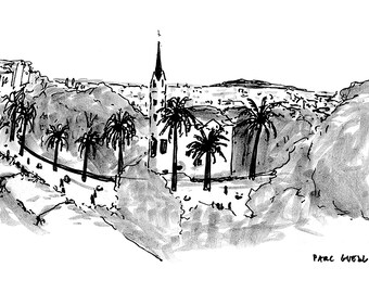 Parc Guell Barcelona Sketch – Gaudi House Hand-Drawn Spain Print, Digital Download Travel Wall Art