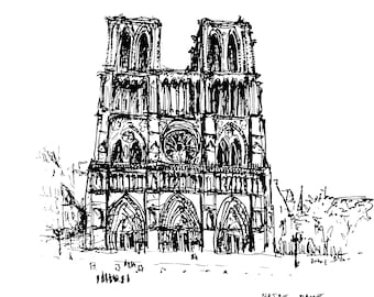 Notre Dame Cathedral Paris Sketch – Hand-Drawn France Landmark Digital Download Travel Art