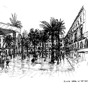 Barcelona Plaza Real Sketch - impression d&#39;architecture dessinée à la main en Espagne, art mural de voyage en téléchargement numérique