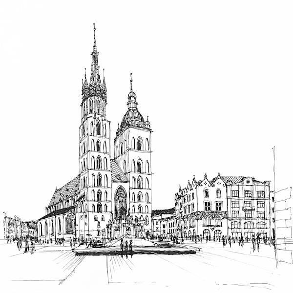 St. Mary's Basilica Krakow Poland Drawing Digital File