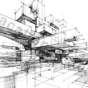 May include: Architectural sketch in black and white, depicting a complex, multi-level structure with intersecting lines and geometric shapes. The drawing style suggests a modern or futuristic design, with a focus on perspective and depth. The artist's signature is visible.