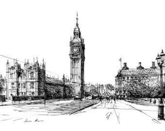 Big Ben - Handgezeichnete Skizze eines Londoner Wahrzeichens | Digital Download Reise Print
